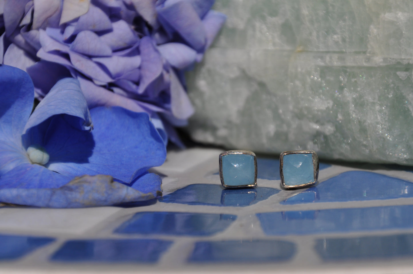 Aquamarine Square Sterling Silver Stud Earrings