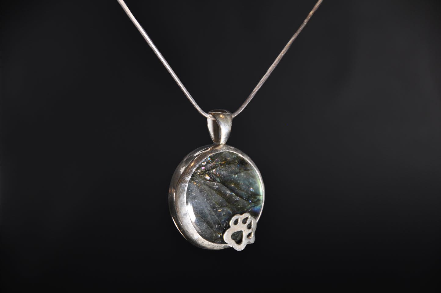 Labradorite Circle Sterling Silver Paw Pendant Necklace