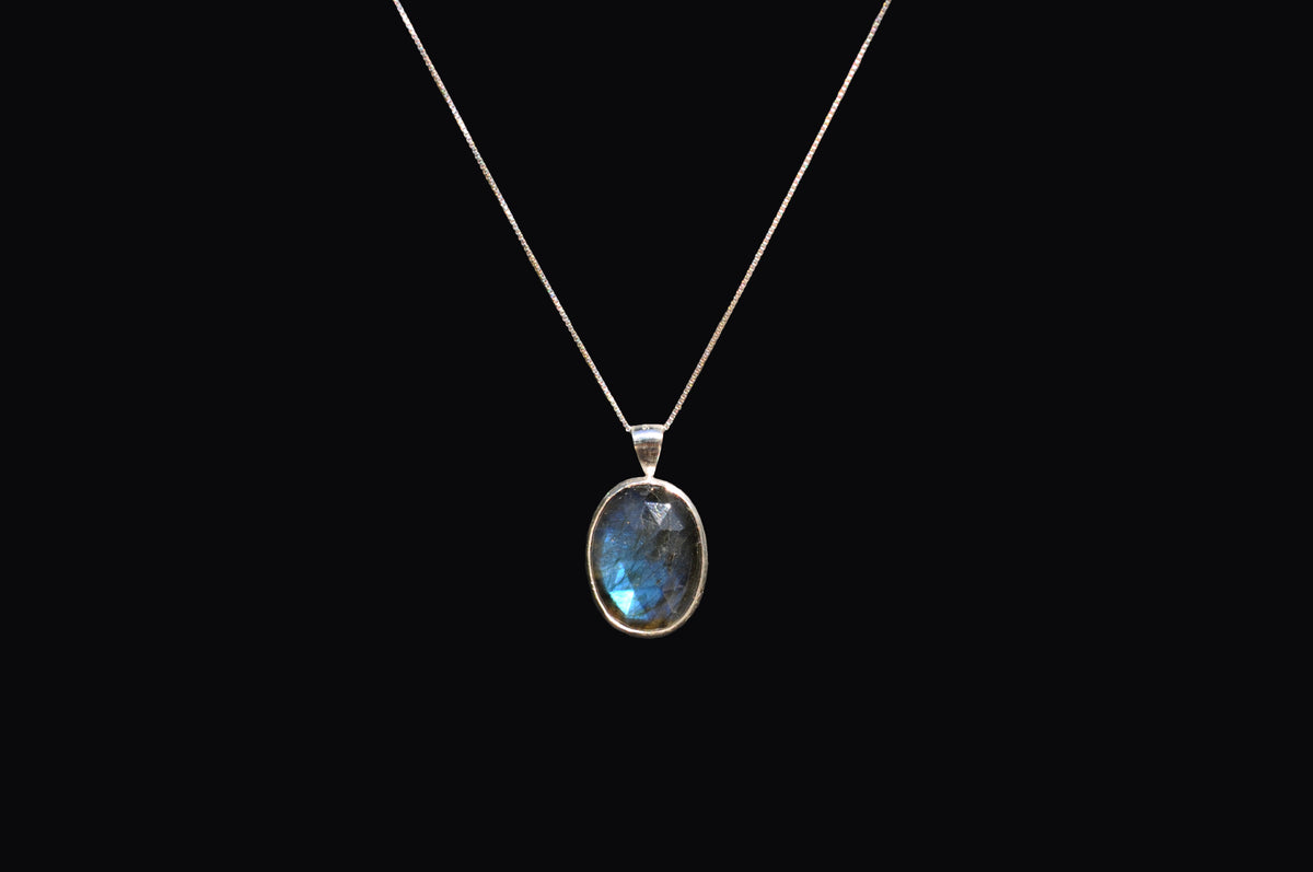 Rose Cut Labradorite Oval Sterling Silver Pendant Necklace