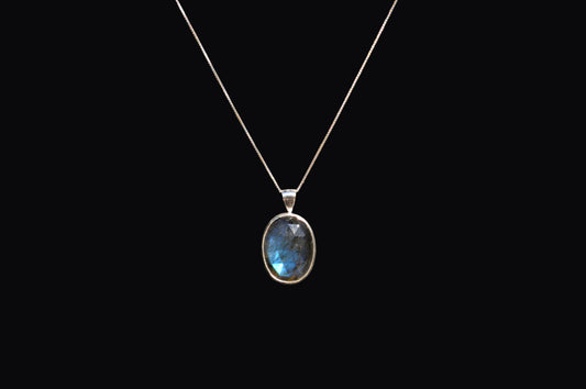Rose Cut Labradorite Oval Sterling Silver Pendant Necklace