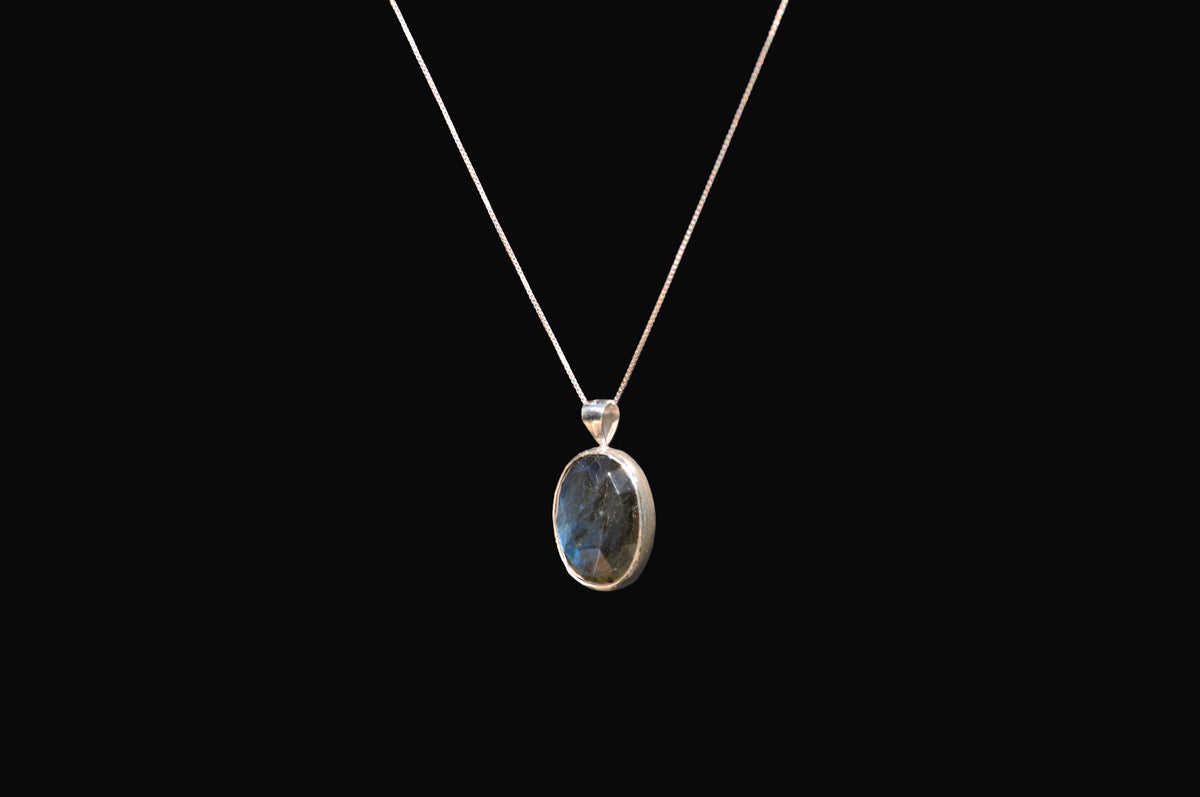 Rose Cut Labradorite Oval Sterling Silver Pendant Necklace