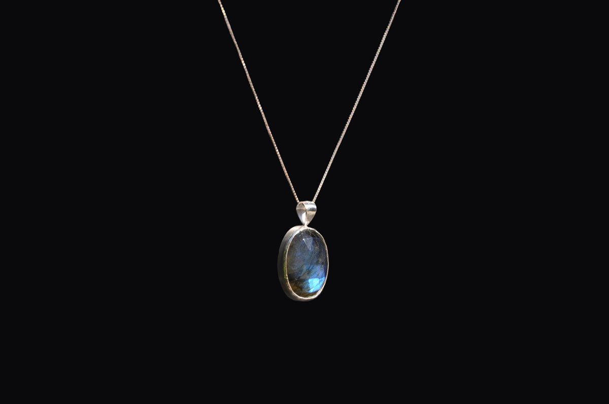 Rose Cut Labradorite Oval Sterling Silver Pendant Necklace