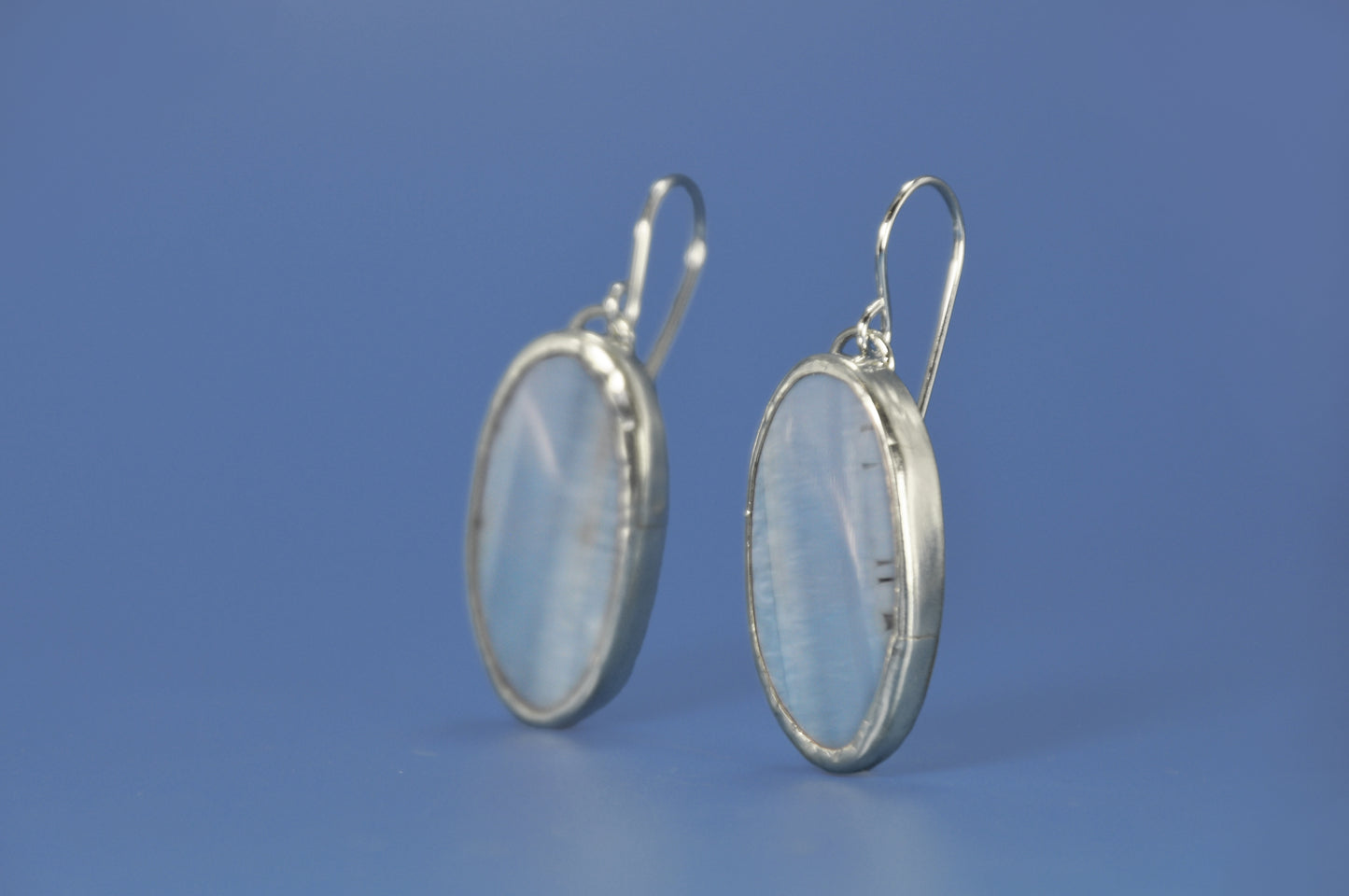 Oregon Owyhee Blue Opal Oval Sterling Silver Dangle Earrings