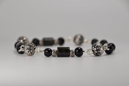 Black Tourmaline, Silver and Obsidian Bracelet
