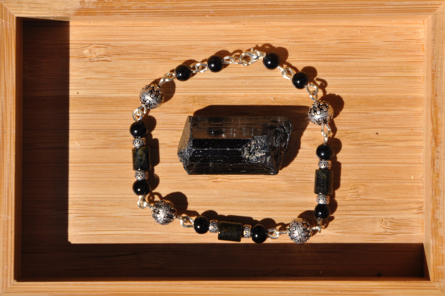 Black Tourmaline, Silver and Obsidian Bracelet