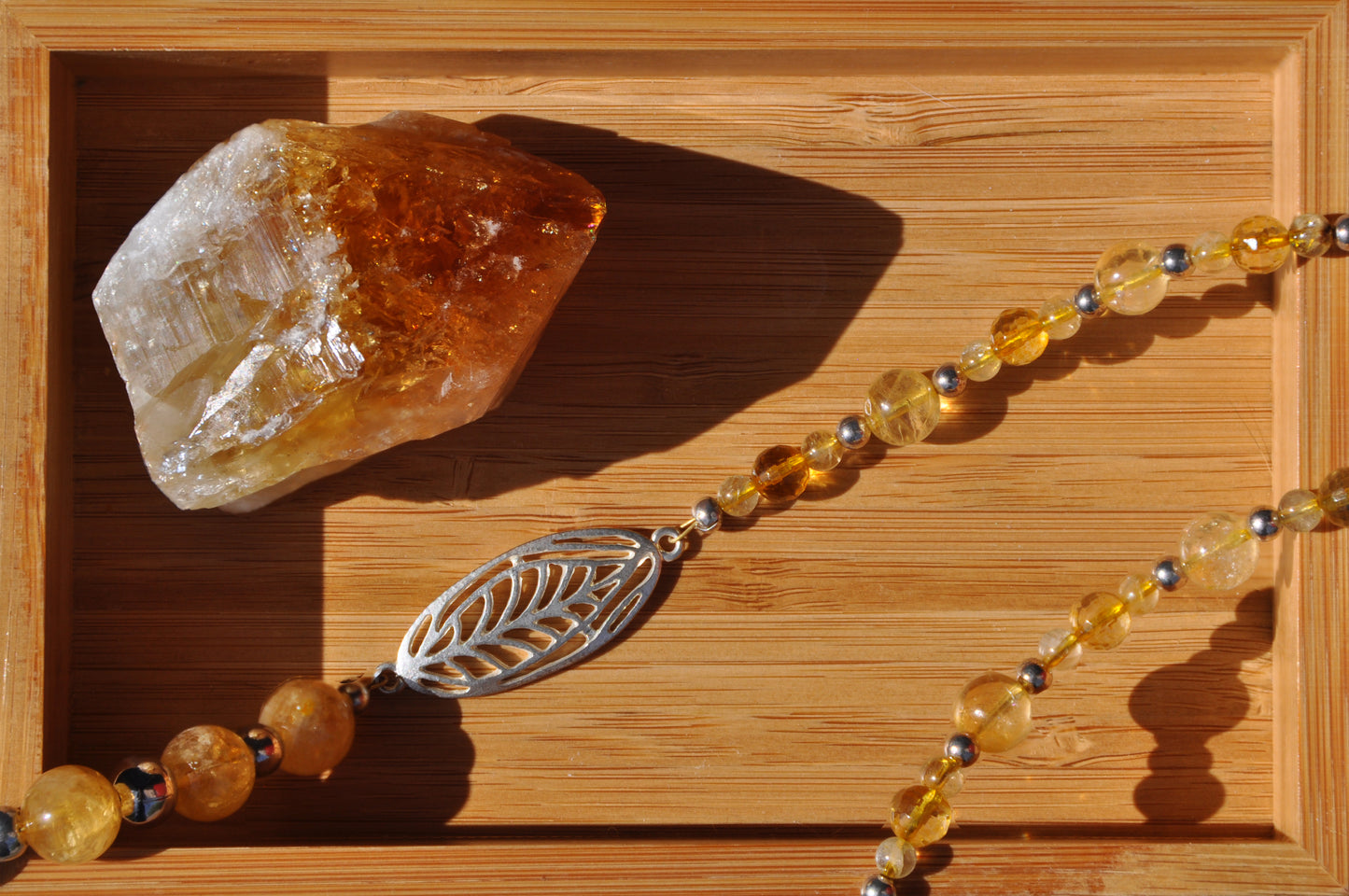 Citrine Beaded Necklace with Silver Feather