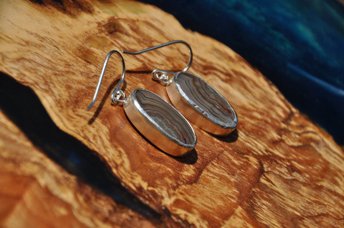 Lace Agate Oval Sterling Silver Dangle Earrings