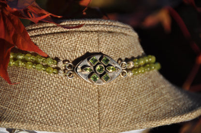 Peridot 2 Strand Birthstone Necklace with Inlaid Silver Clasp