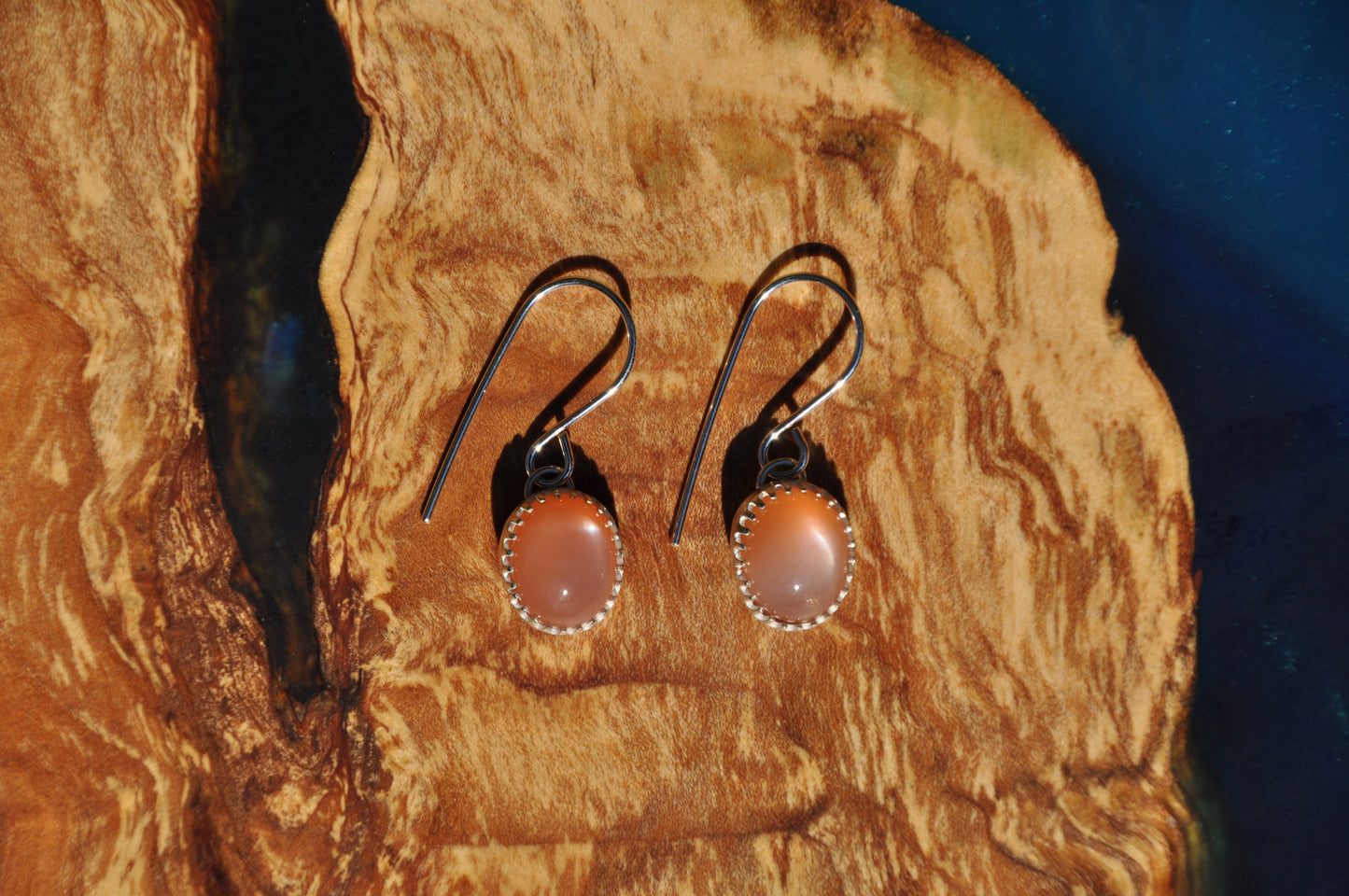 Peach Moonstone Oval Sterling Silver Dangle Earrings