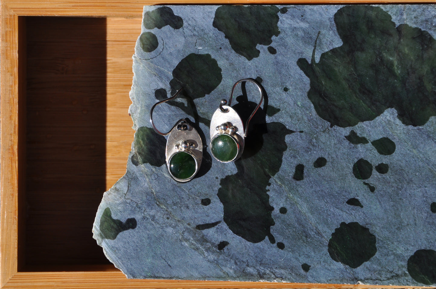 Jade Circle Dangle Earrings Bezel Set