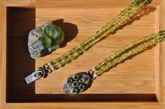 Peridot 2 Strand Birthstone Necklace with Inlaid Silver Clasp