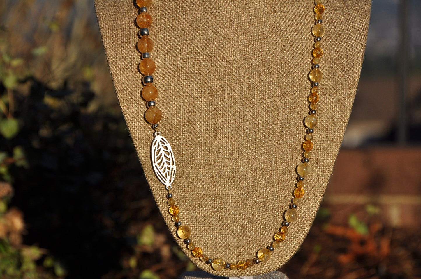 Citrine Beaded Necklace with Silver Feather